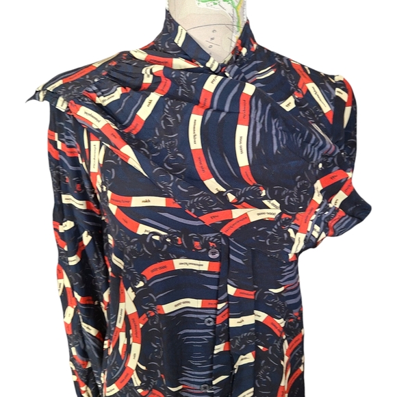 rokh Size 2-4 Silk Scarf Midi Shirtdress Blue Classic Chain Link Abstract Print - Picture 10 of 16